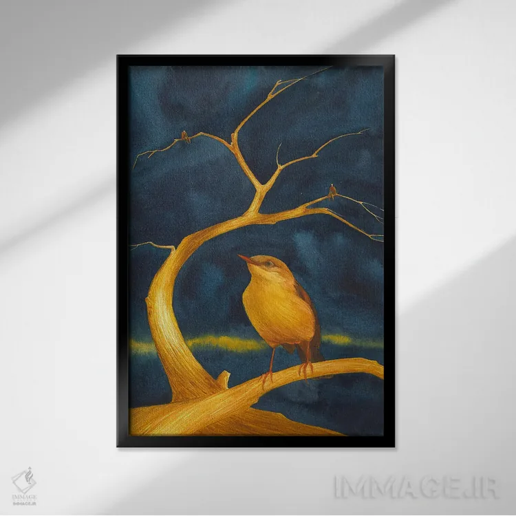 تابلو دکوراتیو درخت طلایی با پرنده طلایی اثر کارینا دانیلچوک - نمای قابدار مشکی