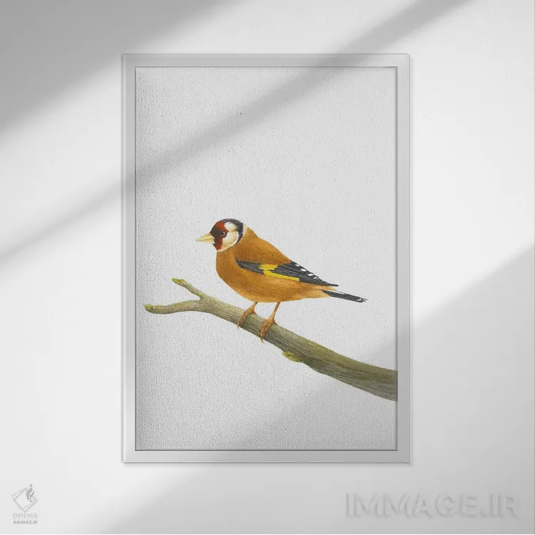 تابلو دکوراتیو فنچ طلایی روی شاخه اثر کارینا دانیلچوک - نمای قابدار سفید