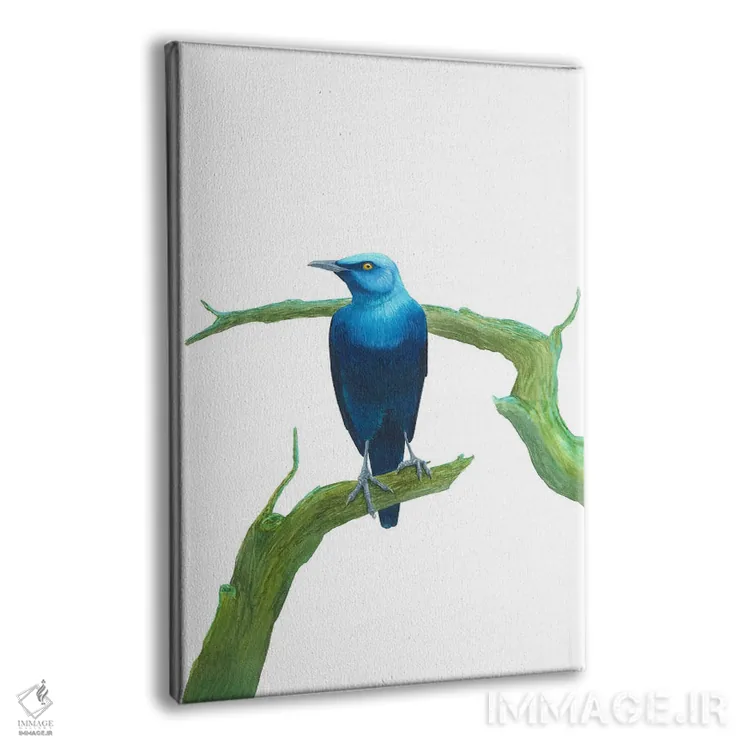 تابلو دکوراتیو پرنده آبی جدی روی شاخه اثر کارینا دانیلچوک - نمای پرسپکتیو محصول