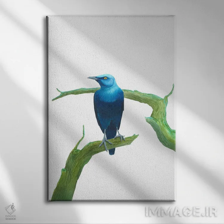 تابلو دکوراتیو پرنده آبی جدی روی شاخه اثر کارینا دانیلچوک - نمای روبهرو روی دیوار
