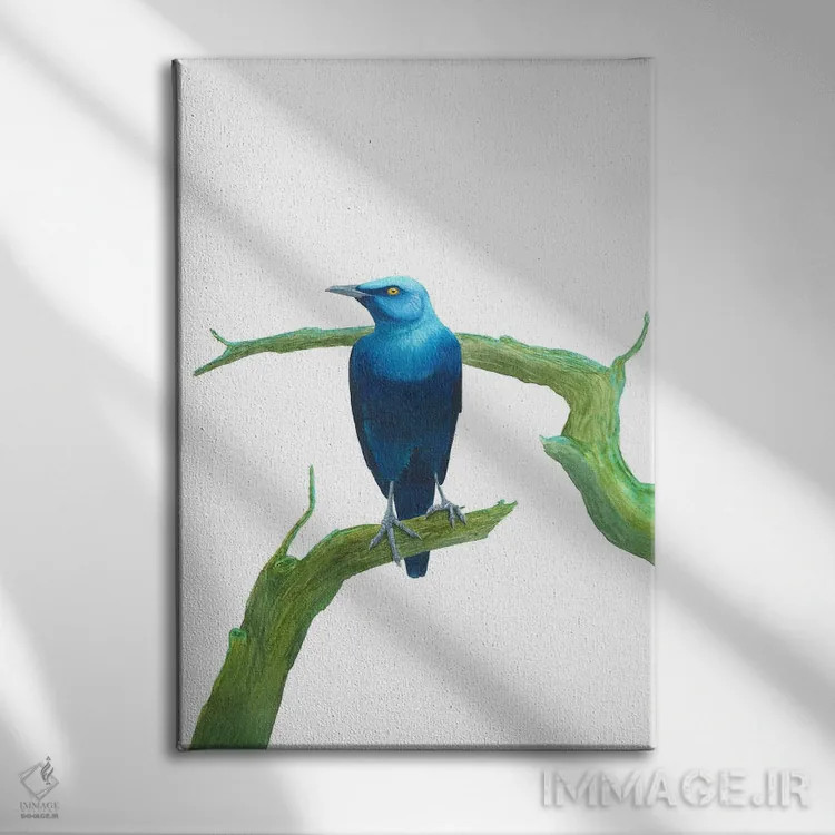 تابلو دکوراتیو پرنده آبی جدی روی شاخه اثر کارینا دانیلچوک - نمای روبهرو روی دیوار