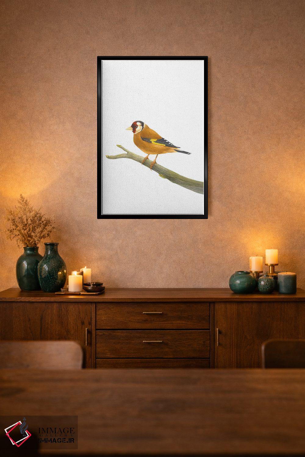 تابلو دکوراتیو فنچ طلایی روی شاخه اثر کارینا دانیلچوک - D3B