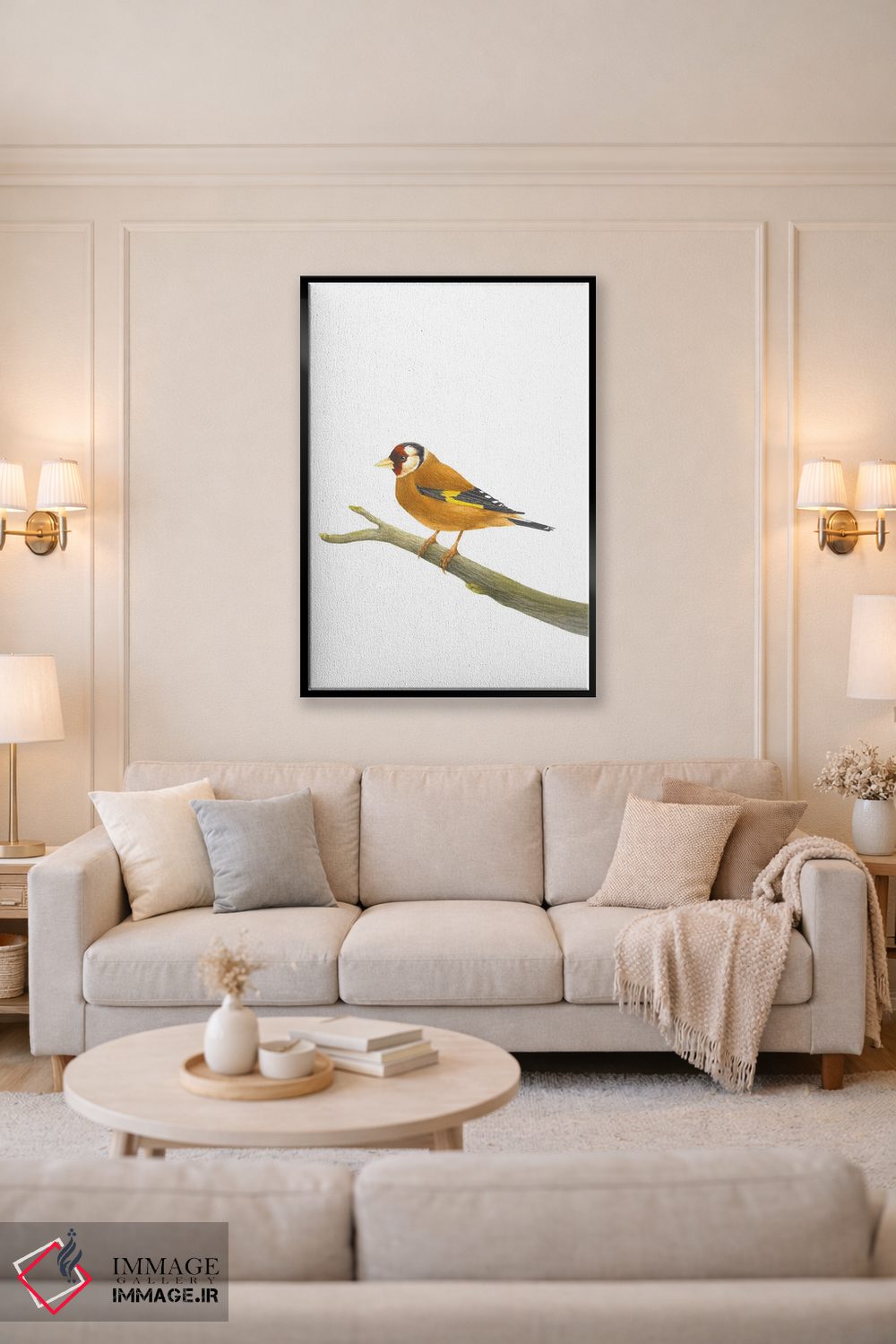 تابلو دکوراتیو فنچ طلایی روی شاخه اثر کارینا دانیلچوک - D4B