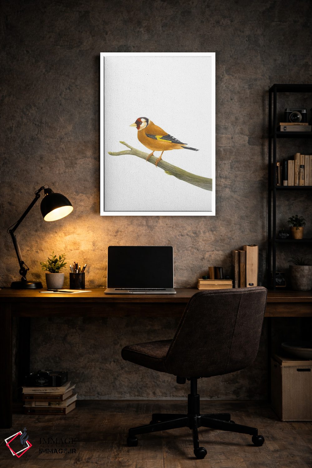 تابلو دکوراتیو فنچ طلایی روی شاخه اثر کارینا دانیلچوک - D6W