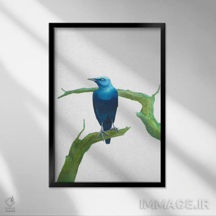 تابلو دکوراتیو پرنده آبی جدی روی شاخه اثر کارینا دانیلچوک - نمای قابدار مشکی