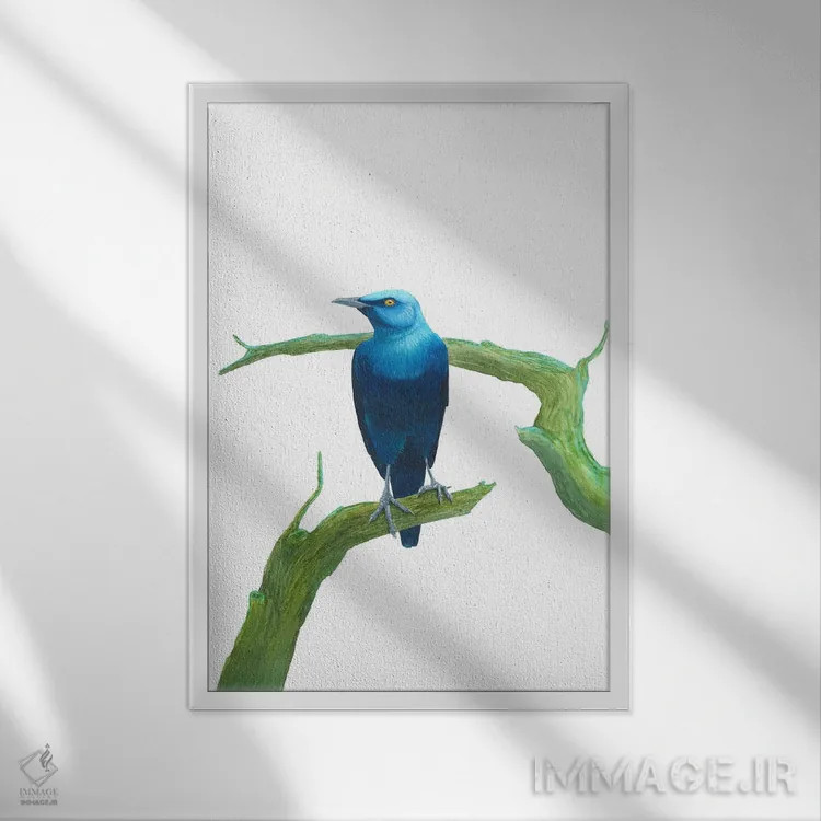 تابلو دکوراتیو پرنده آبی جدی روی شاخه اثر کارینا دانیلچوک - نمای قابدار سفید