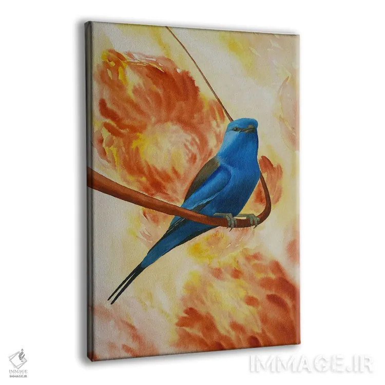 تابلو دکوراتیو پرنده آبی روی شاخه با گل ها اثر کارینا دانیلچوک - نمای پرسپکتیو محصول
