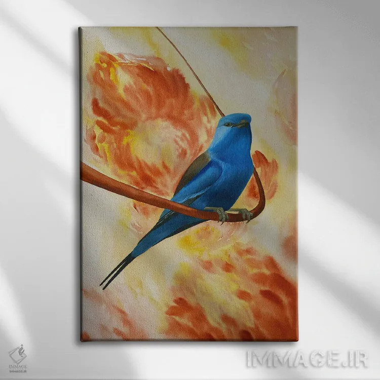 تابلو دکوراتیو پرنده آبی روی شاخه با گل ها اثر کارینا دانیلچوک - نمای روبهرو روی دیوار