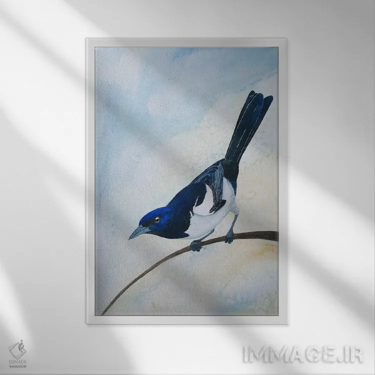 تابلو دکوراتیو زاغی آبی و زرد اثر کارینا دانیلچوک - نمای قابدار سفید