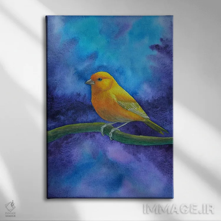 تابلو دکوراتیو دریاچه اسرارآمیز و پرنده زرد اثر کارینا دانیلچوک - نمای روبهرو روی دیوار