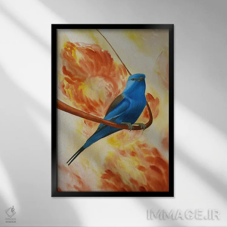 تابلو دکوراتیو پرنده آبی روی شاخه با گل ها اثر کارینا دانیلچوک - نمای قابدار مشکی