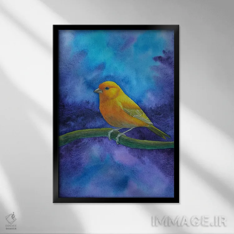 تابلو دکوراتیو دریاچه اسرارآمیز و پرنده زرد اثر کارینا دانیلچوک - نمای قابدار مشکی