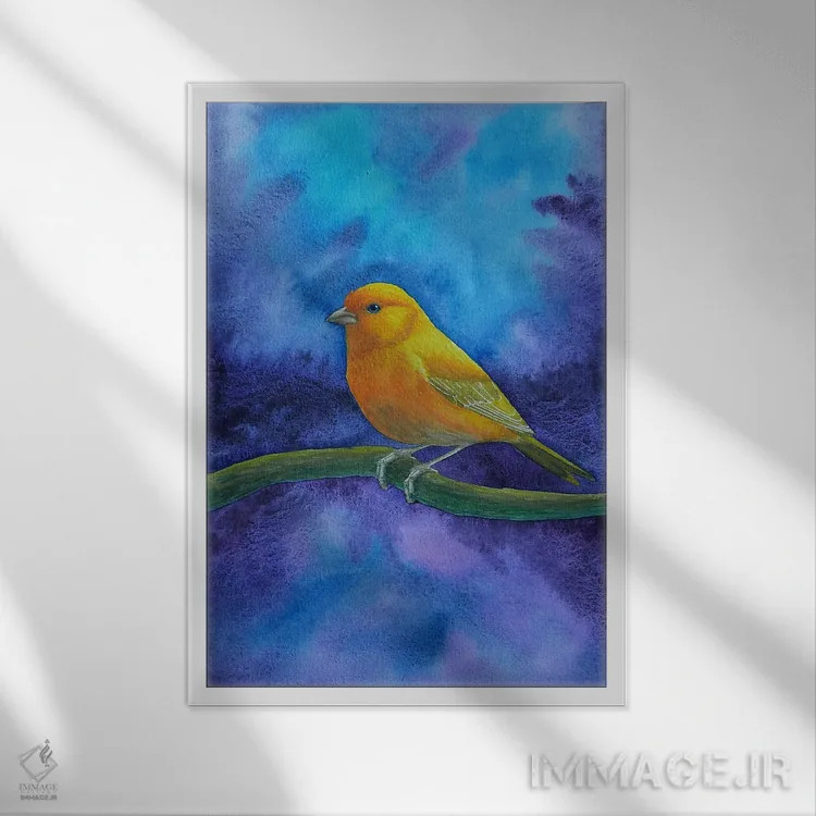 تابلو دکوراتیو دریاچه اسرارآمیز و پرنده زرد اثر کارینا دانیلچوک - نمای قابدار سفید