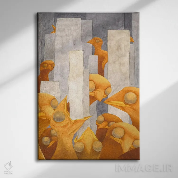 تابلو دکوراتیو جوجه ها شهر را می خورند اثر کارینا دانیلچوک - نمای روبهرو روی دیوار