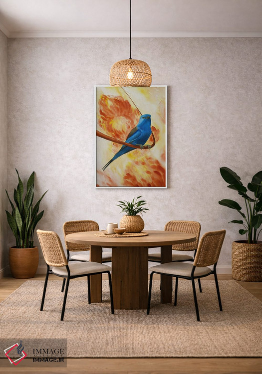 تابلو دکوراتیو پرنده آبی روی شاخه با گل ها اثر کارینا دانیلچوک - D3W