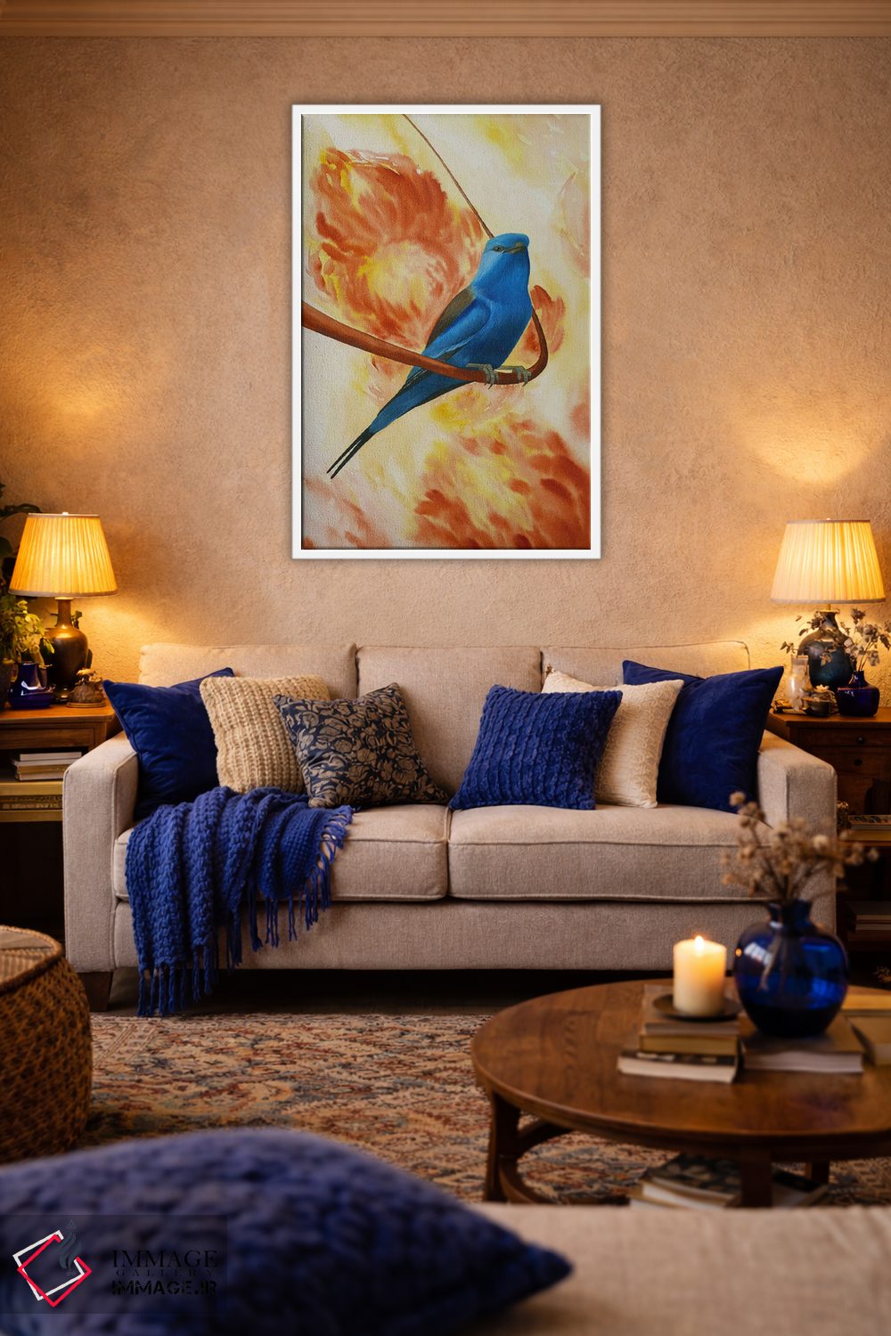 تابلو دکوراتیو پرنده آبی روی شاخه با گل ها اثر کارینا دانیلچوک - D4W