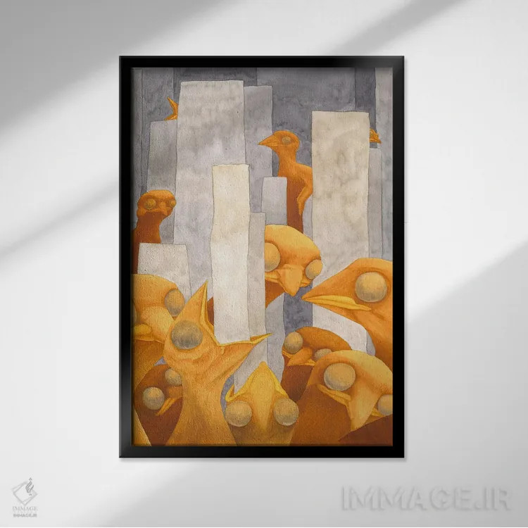 تابلو دکوراتیو جوجه ها شهر را می خورند اثر کارینا دانیلچوک - نمای قابدار مشکی