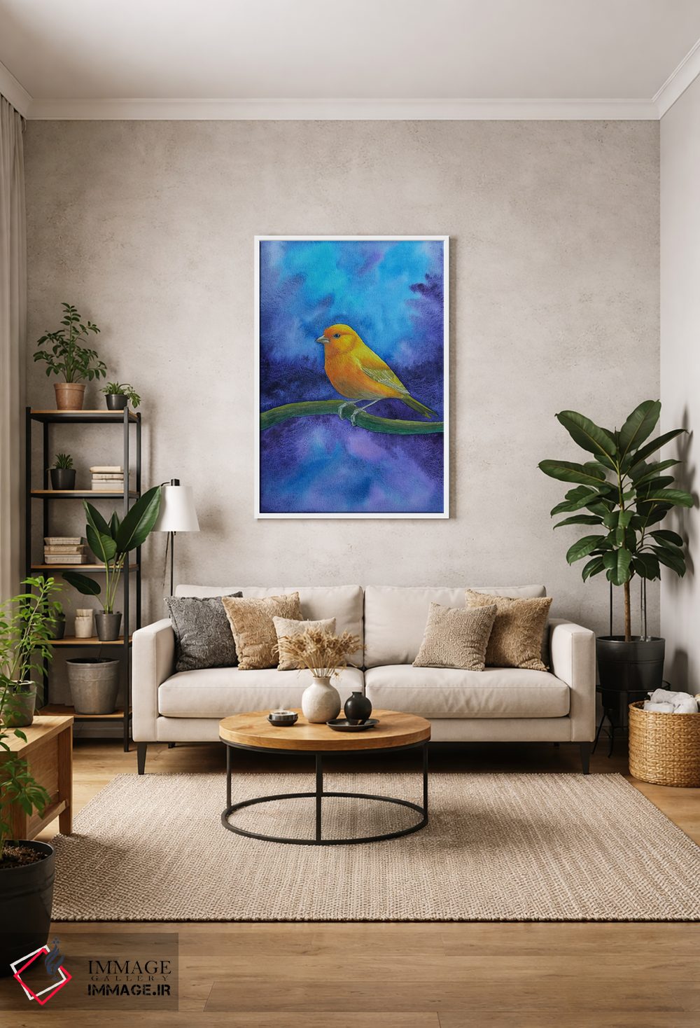 تابلو دکوراتیو دریاچه اسرارآمیز و پرنده زرد اثر کارینا دانیلچوک - D1W