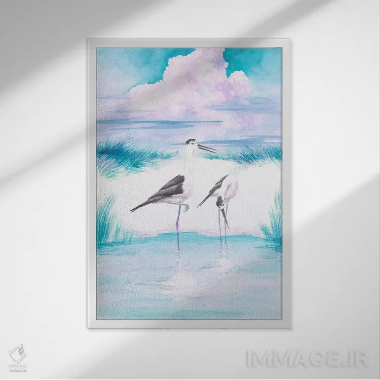 تابلو دکوراتیو پا بلند بال سیاه و غروب صورتی اثر کارینا دانیلچوک - نمای قابدار سفید