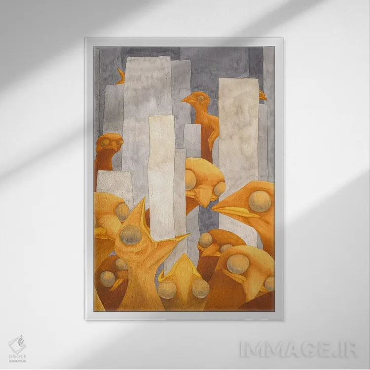 تابلو دکوراتیو جوجه ها شهر را می خورند اثر کارینا دانیلچوک - نمای قابدار سفید