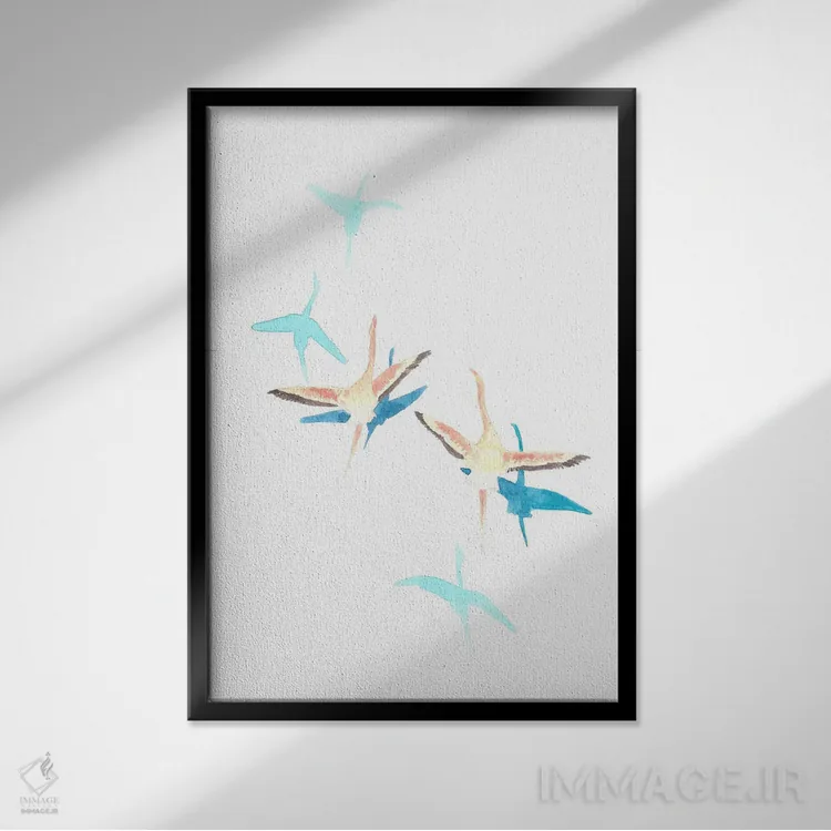 تابلو دکوراتیو فلامینگوهای در حال پرواز اثر کارینا دانیلچوک - نمای قابدار مشکی