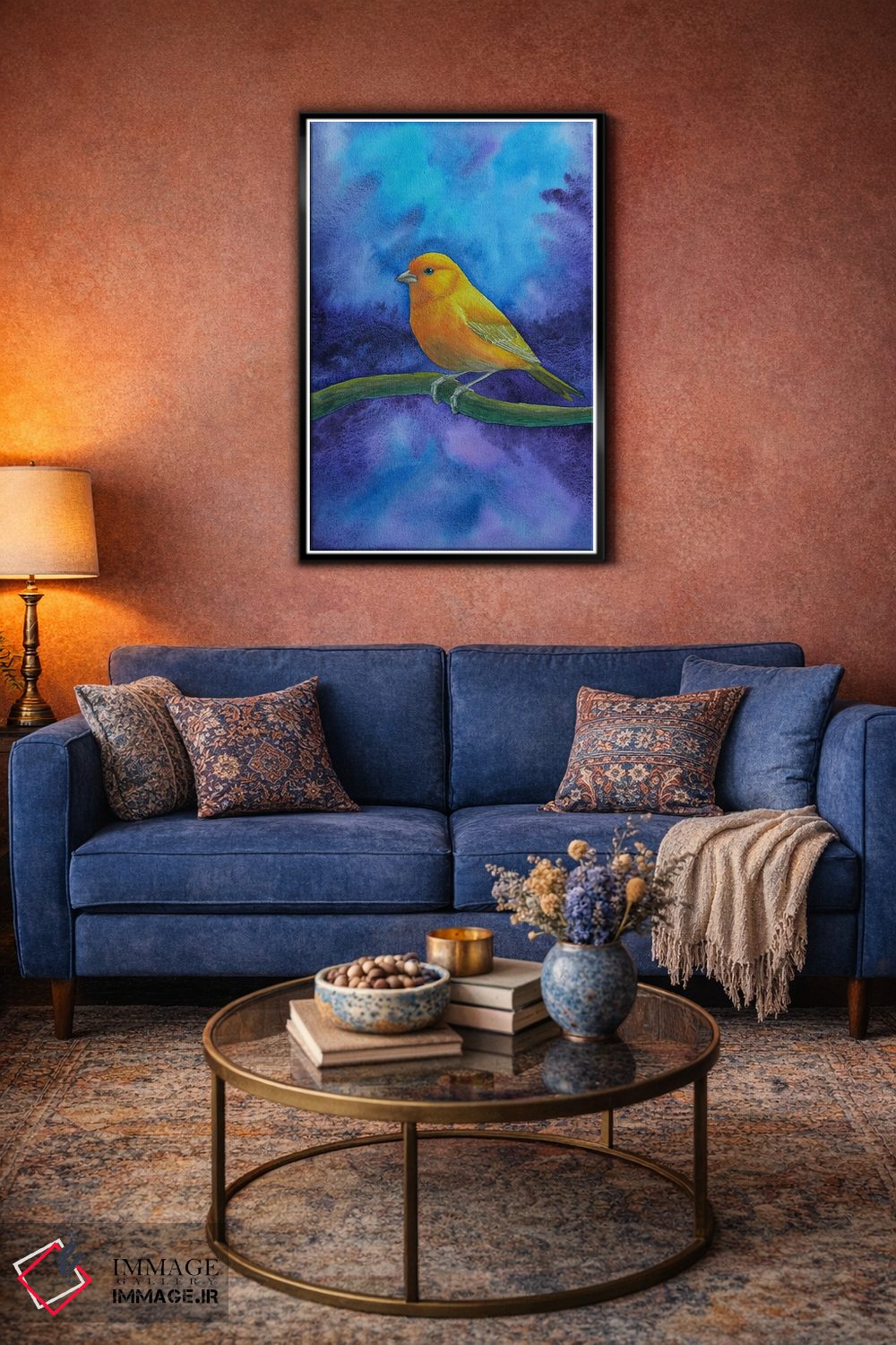 تابلو دکوراتیو دریاچه اسرارآمیز و پرنده زرد اثر کارینا دانیلچوک - D5B