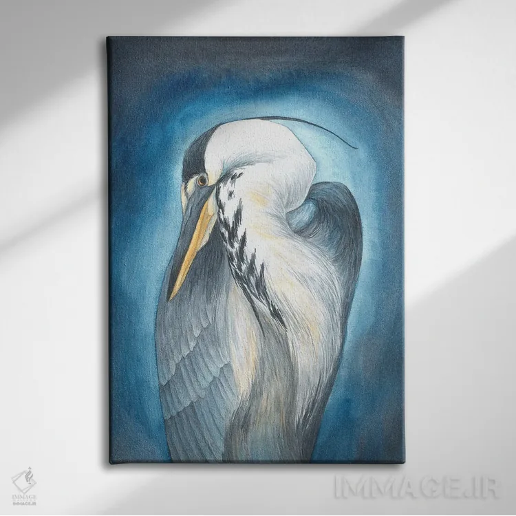 تابلو دکوراتیو حواصیل در آبی اثر کارینا دانیلچوک - نمای روبهرو روی دیوار