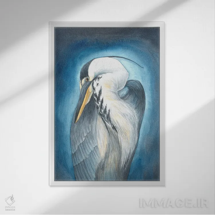 تابلو دکوراتیو حواصیل در آبی اثر کارینا دانیلچوک - نمای قابدار سفید