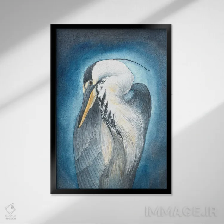 تابلو دکوراتیو حواصیل در آبی اثر کارینا دانیلچوک - نمای قابدار مشکی