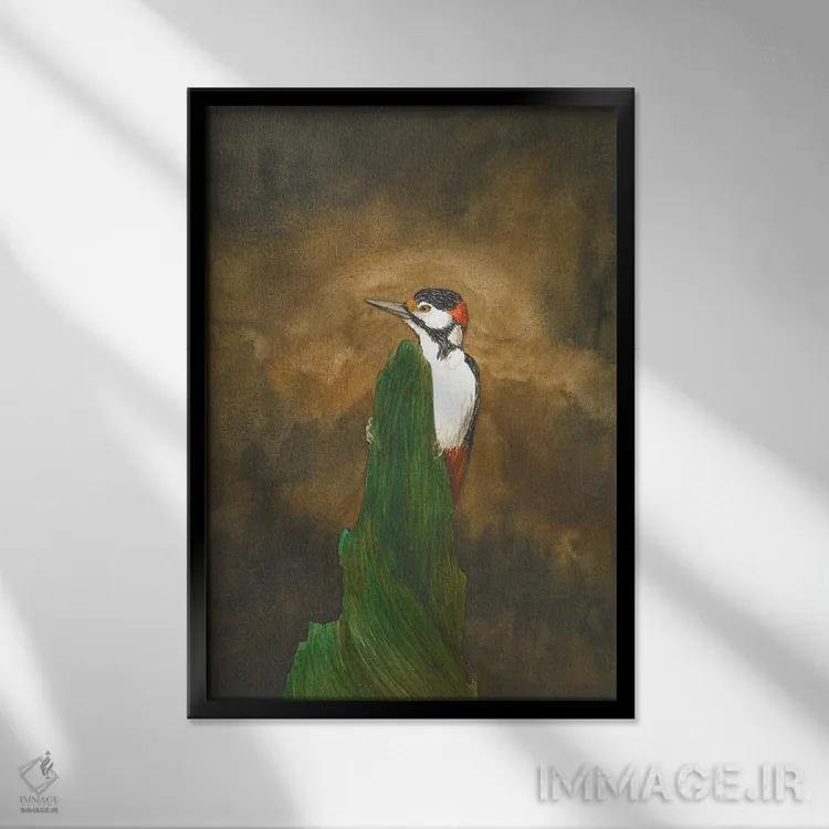تابلو دکوراتیو دارکوب در جنگل اثر کارینا دانیلچوک - نمای قابدار مشکی