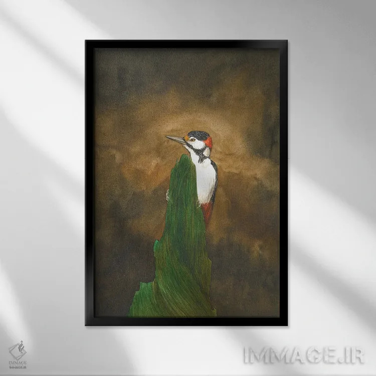 تابلو دکوراتیو دارکوب در جنگل اثر کارینا دانیلچوک - نمای قابدار مشکی