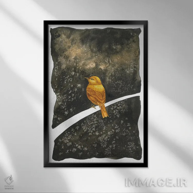 تابلو دکوراتیو خواب دیدن پرنده طلایی اثر کارینا دانیلچوک - نمای قابدار مشکی