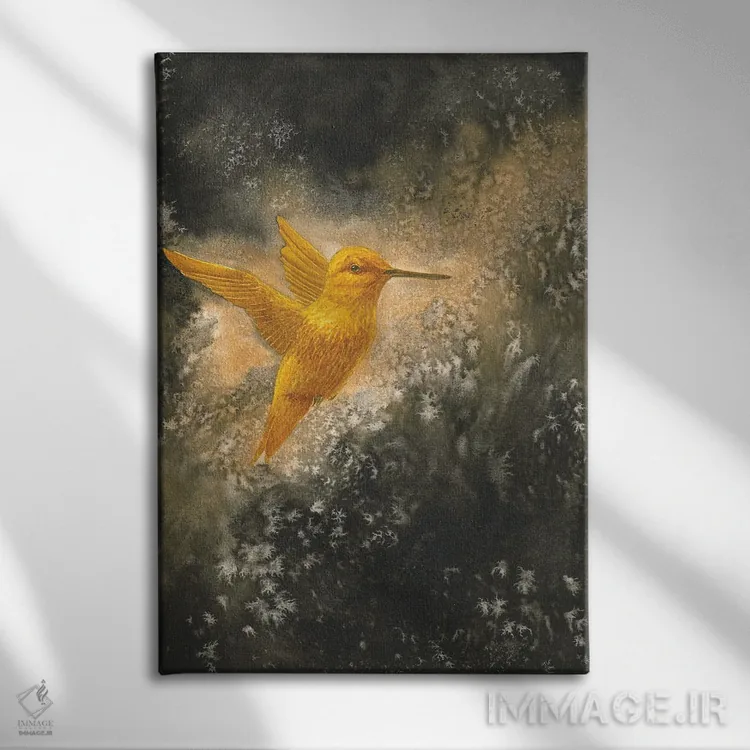 تابلو دکوراتیو مرغ مگس خوار طلایی در پرواز اثر کارینا دانیلچوک - نمای روبهرو روی دیوار