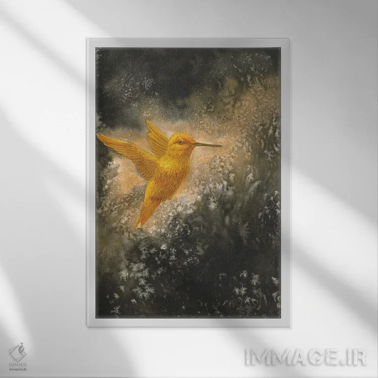 تابلو دکوراتیو مرغ مگس خوار طلایی در پرواز اثر کارینا دانیلچوک - نمای قابدار سفید