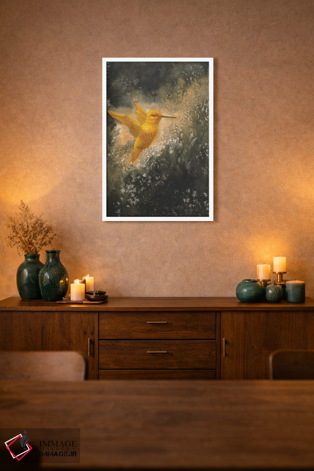 تابلو دکوراتیو مرغ مگس خوار طلایی در پرواز اثر کارینا دانیلچوک - D1W