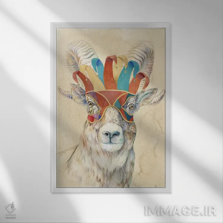 تابلو دکوراتیو قوچ بزرگ نقاب دار اثر براندون کیهنر - نمای قابدار سفید