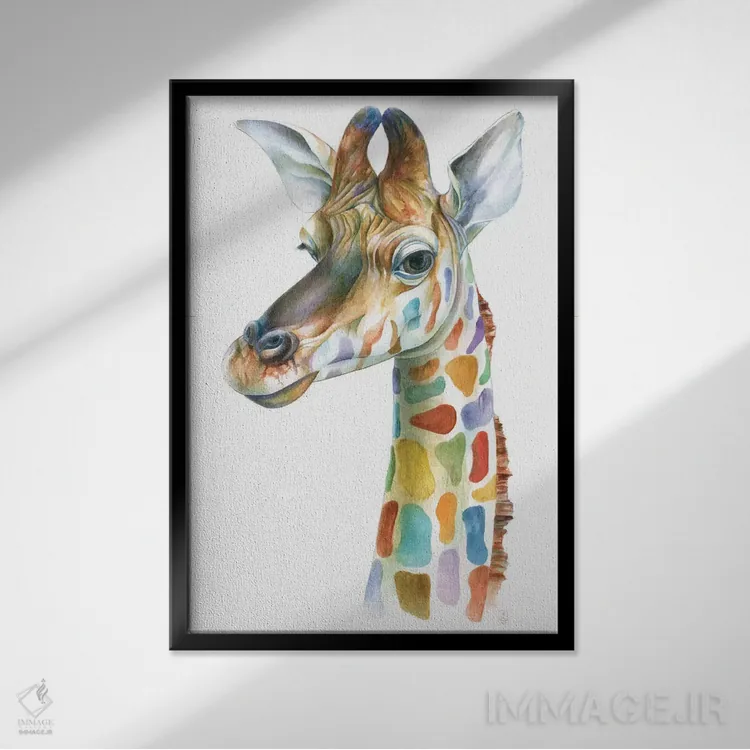 تابلو دکوراتیو زرافه رنگارنگ اثر براندون کیهنر - نمای قابدار مشکی