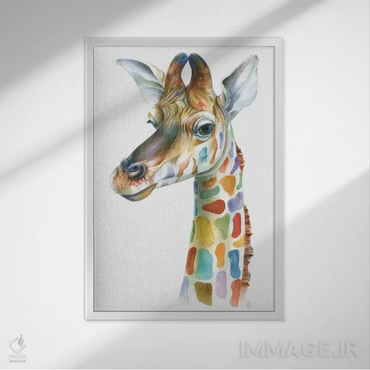 تابلو دکوراتیو زرافه رنگارنگ اثر براندون کیهنر - نمای قابدار سفید