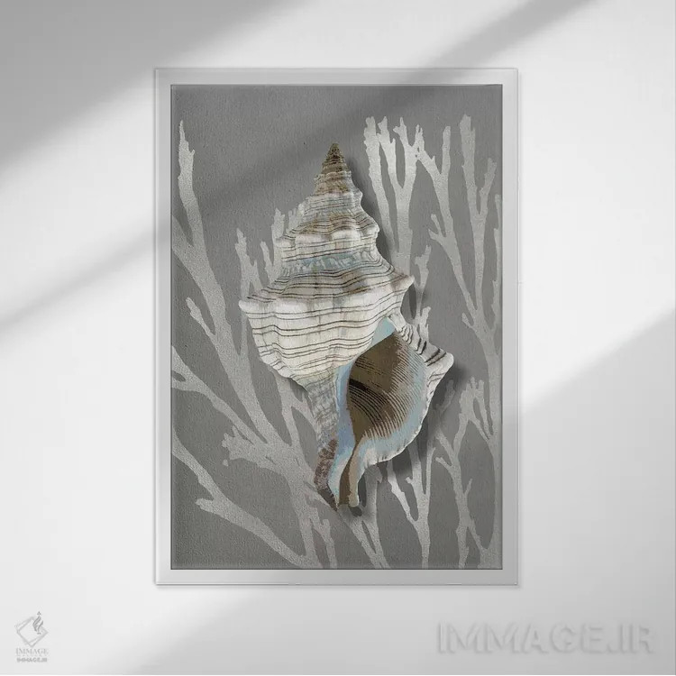 تابلو دکوراتیو مرجان صدفی نقره ای روی خاکستری III اثر کارولین کلی - نمای قابدار سفید