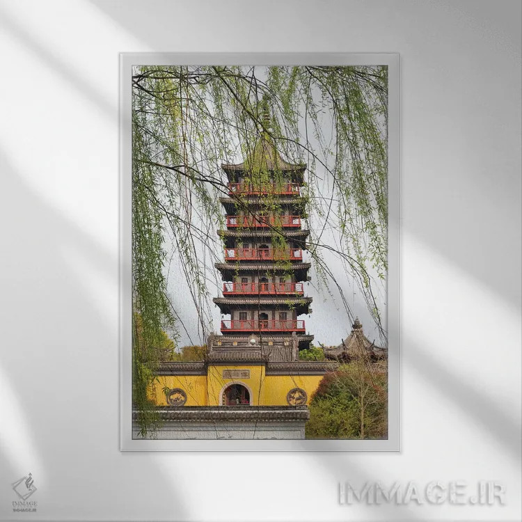 تابلو دکوراتیو معبد پاگودای هاوگو در دریاچه جنوبی، جیاشینگ، استان ژجیانگ، چین اثر کرن سو - نمای قابدار سفید