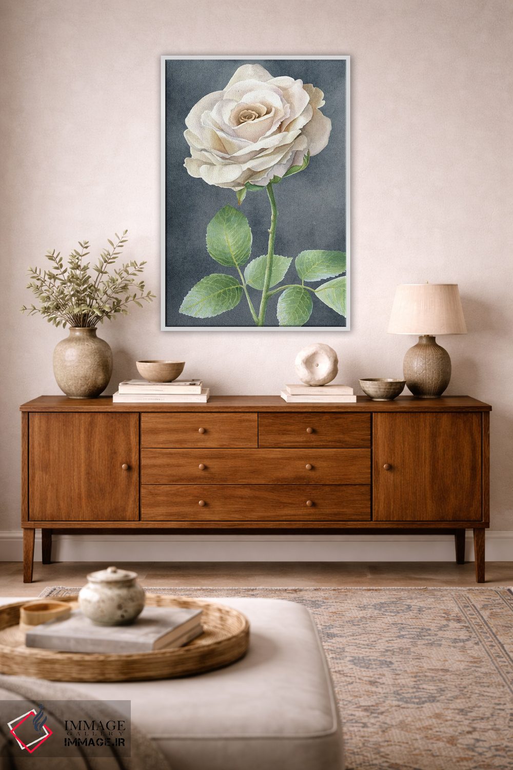 تابلو دکوراتیو رزهای عاجی روی پنل طوسی I اثر کلسی ویلسون - D1W