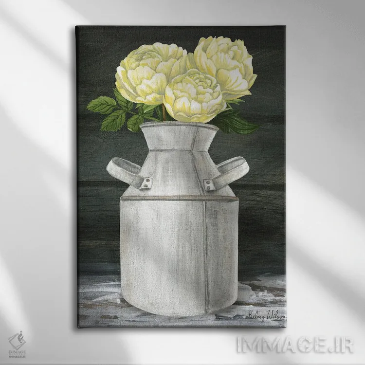 تابلو مدرن باغ روستایی ۴ - صدتومانی ها در پارچ اثر کلسی ویلسون - نمای روبهرو روی دیوار