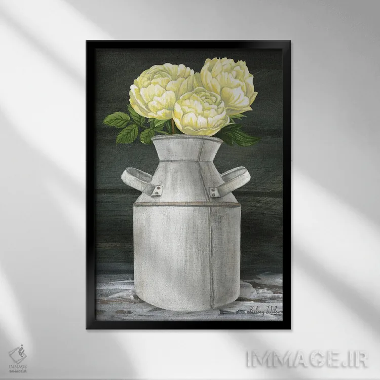 تابلو مدرن باغ روستایی ۴ - صدتومانی ها در پارچ اثر کلسی ویلسون - نمای قابدار مشکی