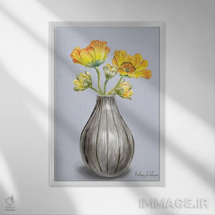 تابلو مدرن شقایق ها در گلدان II اثر کلسی ویلسون - نمای قابدار سفید