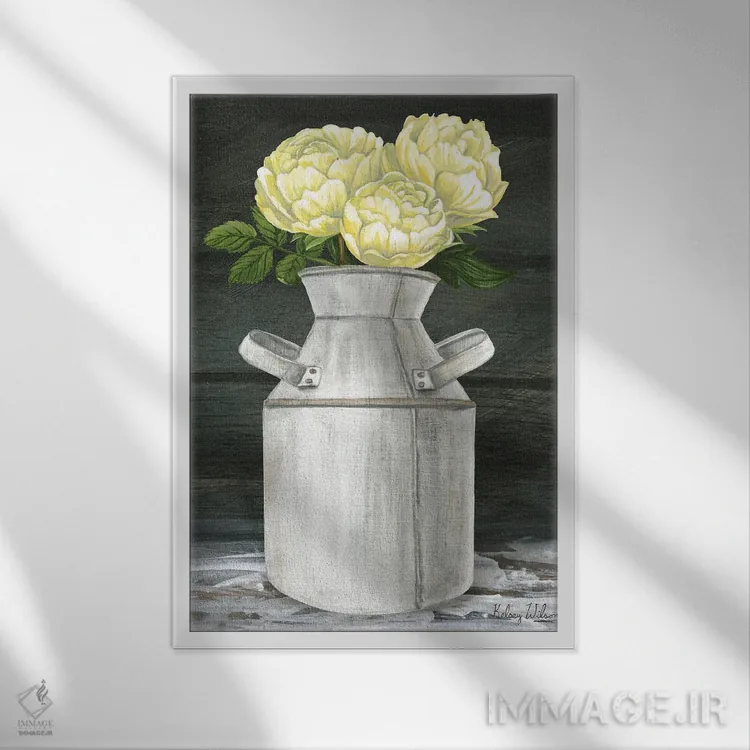 تابلو مدرن باغ روستایی ۴ - صدتومانی ها در پارچ اثر کلسی ویلسون - نمای قابدار سفید