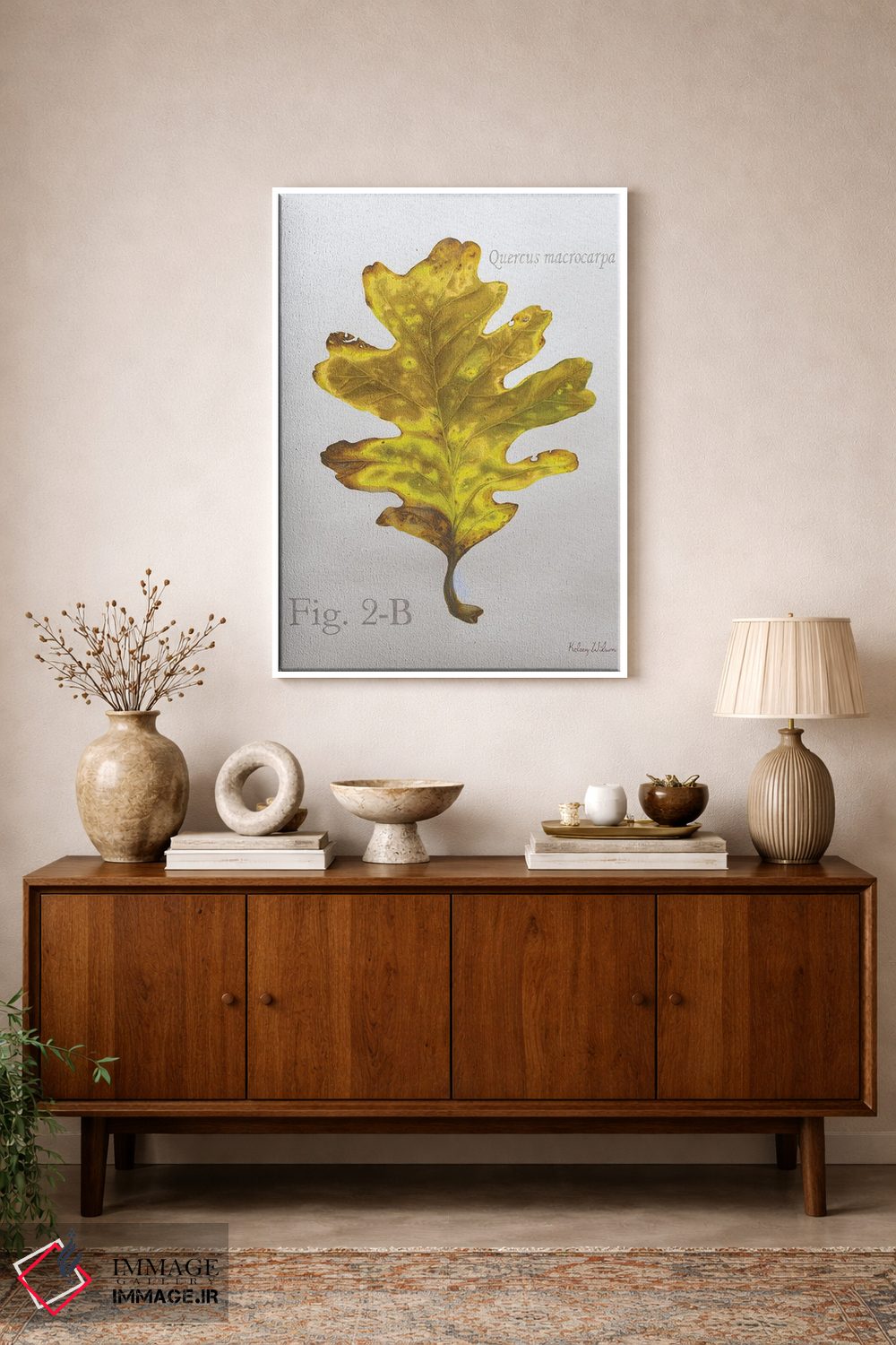 تابلو مدرن برگ های پاییزی روی طوسی ۳ - بلوط اثر کلسی ویلسون - D1W