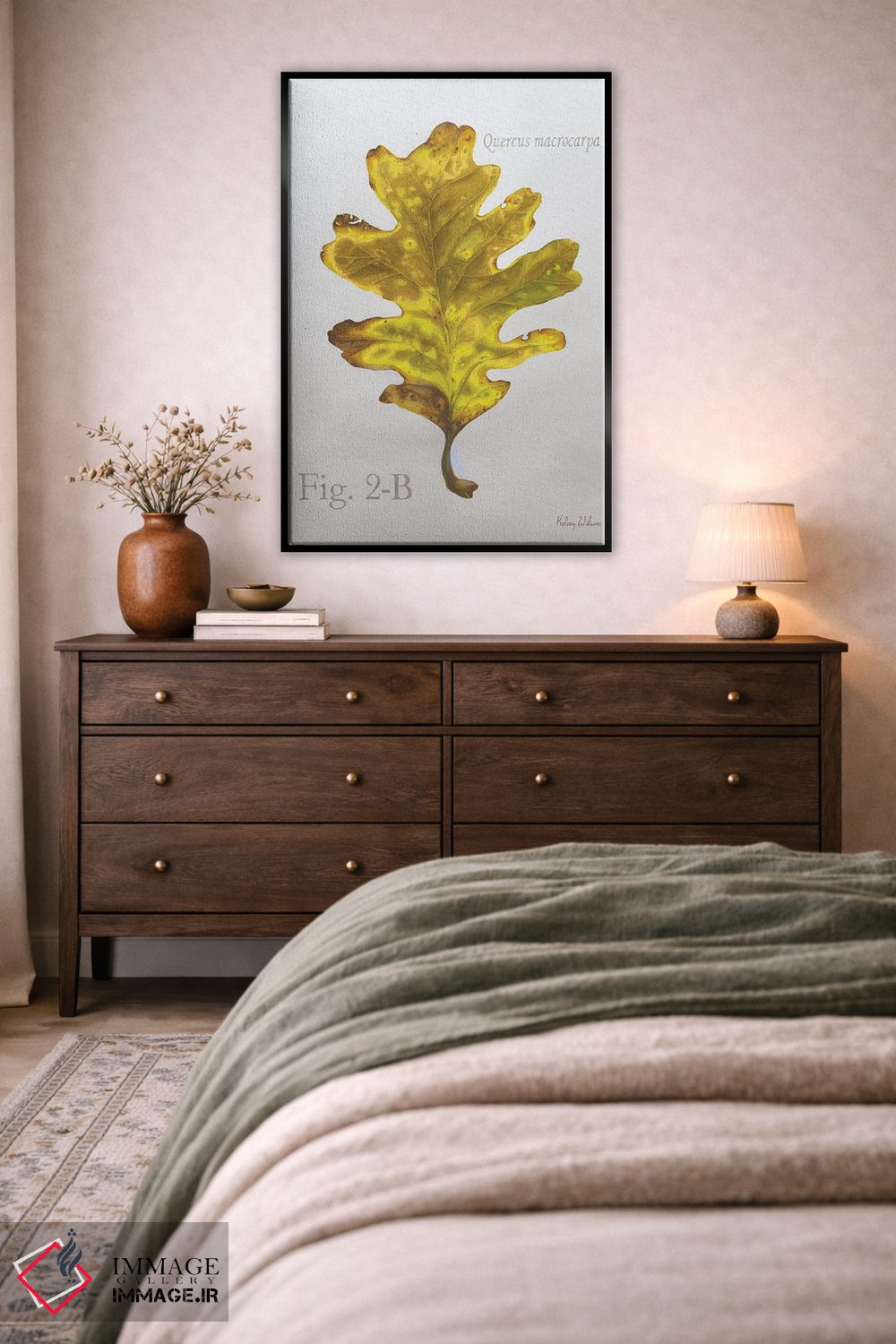 تابلو مدرن برگ های پاییزی روی طوسی ۳ - بلوط اثر کلسی ویلسون - D4B