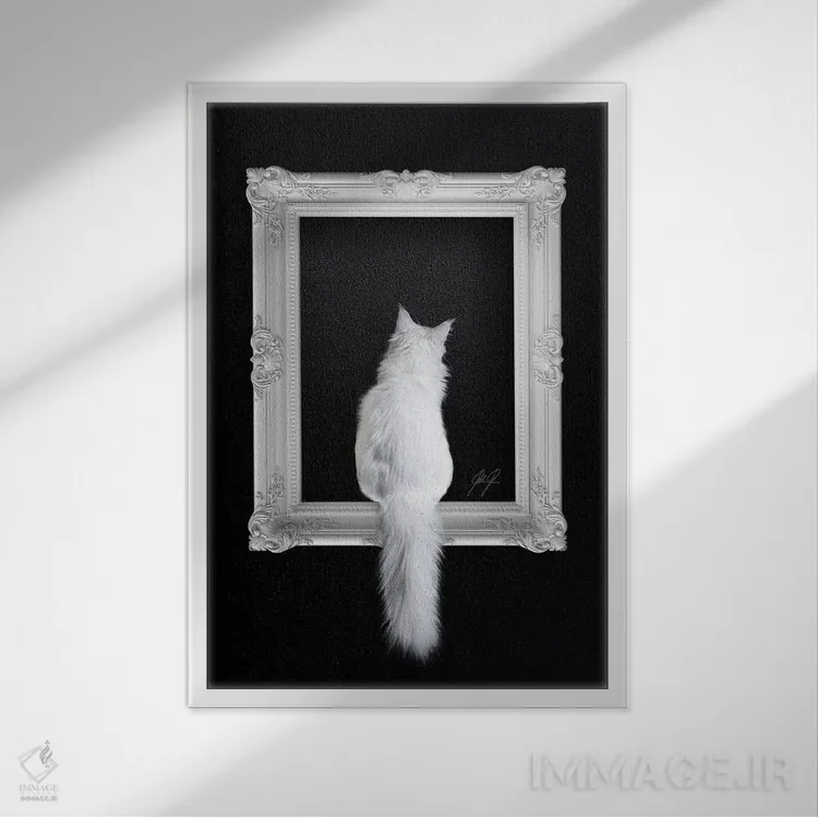 تابلو دکوراتیو گربه در قاب اثر کاترین فدرر - نمای قابدار سفید