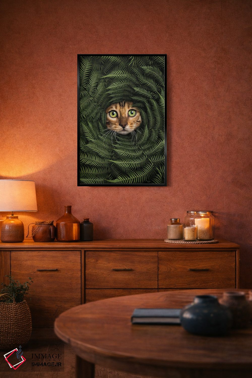 تابلو دکوراتیو گربه در میان سرخس ها اثر کاترین فدرر - D5B
