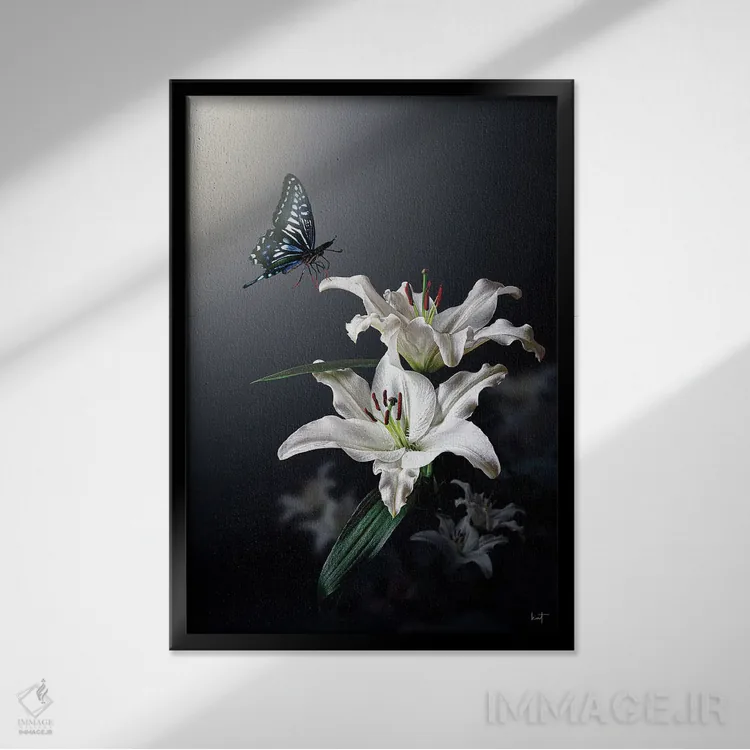 تابلو دکوراتیو سوسن سفید اثر کاترین فدرر - نمای قابدار مشکی